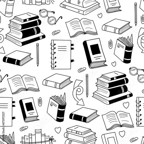 Seamless book pattern. Books, notebooks, notepad, glasses and pencil on white background. Vector illustration in hand drawn doodle style