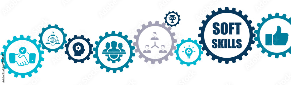 soft skills banner vector illustration with the icons of personal fitness, responsibility, HR human resource, assessment, development, improvement, management, occupational, train on white background - obrazy, fototapety, plakaty 
