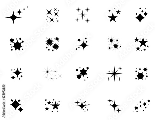 A set of shining and glowing stars, sparkle star icons, and stars with festive decoration particles create an abstract staright effect. Twinkling stars, in this vector illustration.