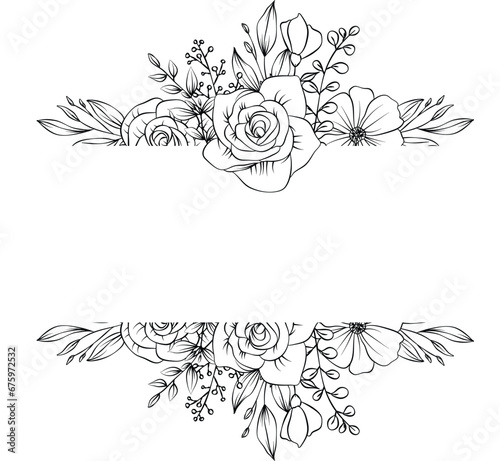 vintage flower vector image. Sketch composition, roses, and leaves, black and white hand drawn flowers