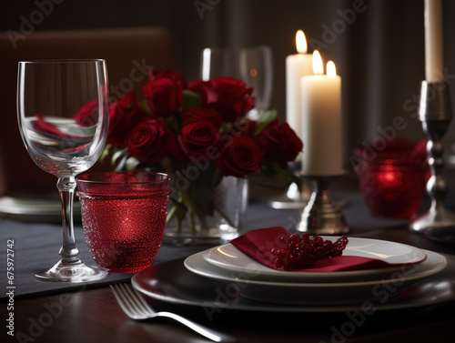 Elegant Restaurant Tableware, Wine Glasses, And Candles Create A Romantic Dating Atmosphere, generative ai