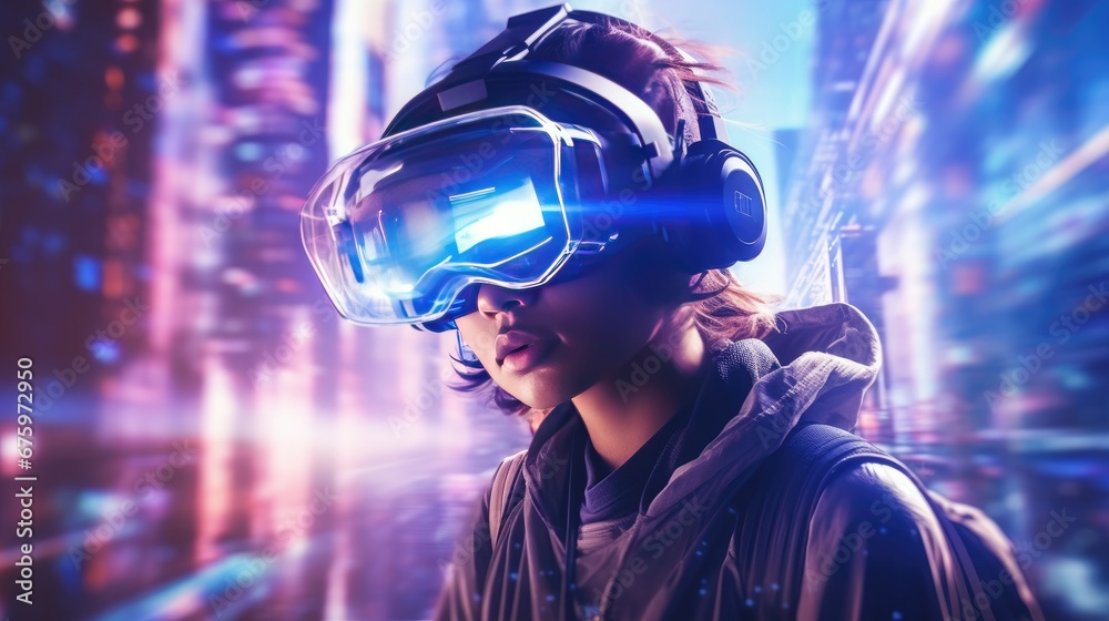 Young woman wearing a VR headset is amazed by the surreal world and virtual reality on the streets of a neon cyberpunk city. Young woman wearing a VR headset is amazed by the surreal world and virtual reality on the streets of a neon cyberpunk city.