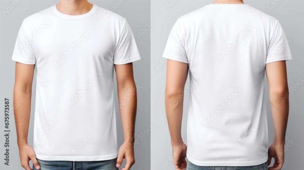Front and back views of a young man in a stylish t-shirt isolated on a white background, Clipping Path, Mockup for design - obrazy, fototapety, plakaty 