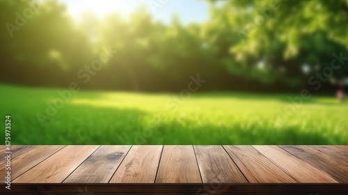 Wood table top on blurred lawn green background for montage or display your products