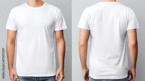 Front and back views of a young man in a stylish t-shirt isolated on a white background, Clipping Path, Mockup for design photo