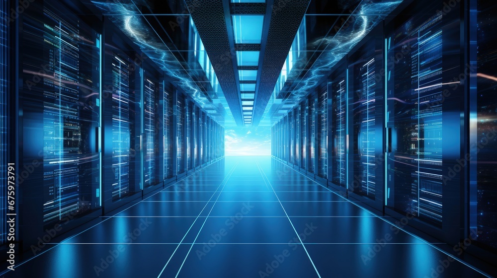 Shot of Corridor in Working Data Center Full of Rack Servers and Supercomputers with Internet connection Visualization Projection. Shot of Corridor in Working Data Center Full of Rack Servers and Supercomputers with Internet connection Visualization Projection.