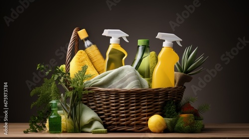 Eco-friendly and natural cleaning products in the basket. Brushes, sponges, rubber and gloves. photo