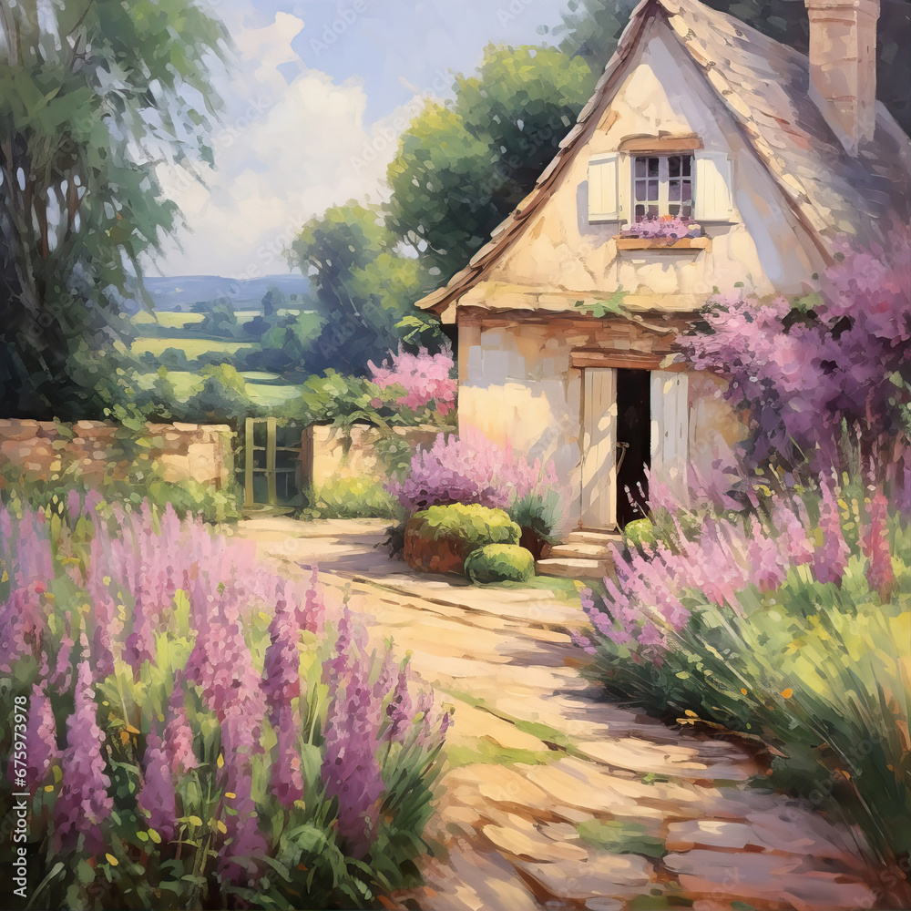 Oil painting. Blooming pink tree next to a small house in the village Oil painting. Blooming pink tree next to a small house in the village