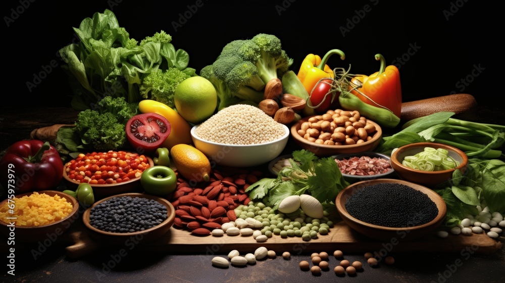 Healthy balanced dieting concept. Selection of rich fiber sources vegan food. Vegetables fruit seeds beans ingredients for cooking - obrazy, fototapety, plakaty 