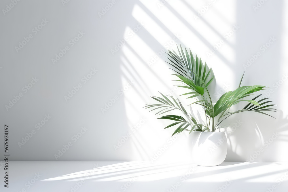 Minimalistic light background with blurred foliage shadow on a white wall. Empty white room interior with plant pot. 3d render illustration. Generative AI.