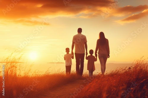 Happy family: mother, father, children son and daughter on sunset photo
