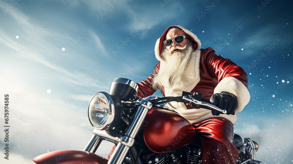 Cool biker santa with sunglasses on a motorbike 