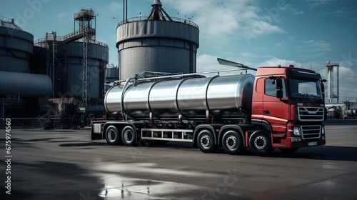 Transportation truck dangerous chemical truck tank stainless is parked in the factory. photo