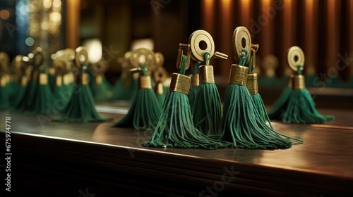 hotel keys with green tassels at reception desk counter