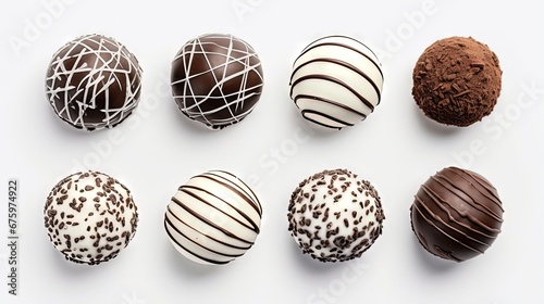 Various types of chocolate truffles on a white background top view. Round sweets made of milk, black and white chocolate on isolation. photo