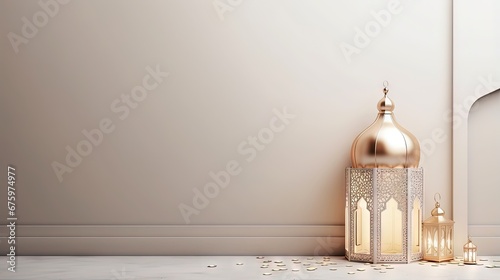 Ramadan Kareem Arabic Islamic White and Golden Luxury Ornament Lantern Background with Arabic Pattern and Decorative Ornament Border