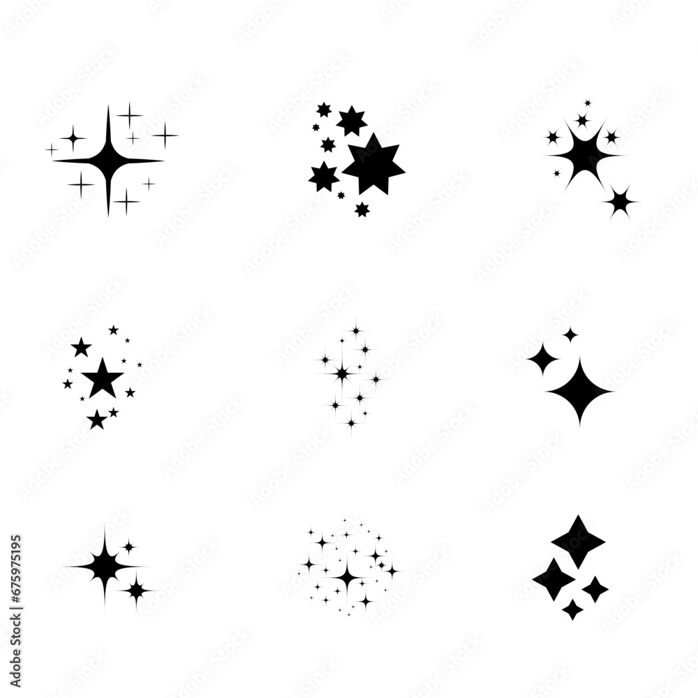 Fototapeta premium A set of shining and glowing stars, sparkle star icons, and stars with festive decoration particles create an abstract staright effect. Twinkling stars, in this vector illustration.