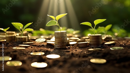 The ground plants grow on coins. The production of renewable energy is essential for the future. The green business that uses renewable energy can limit climate change. Environmental business. photo