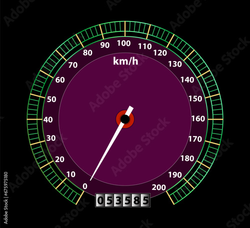 Scale speed in flat style. Vector speedometer isolated illustration. Measurement of car speed and engine revolutions. Tachometer Performance level meter with arrow.