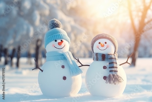 Two cheerful snowmen standing in winter