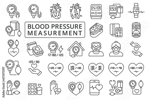 Blood Pressure Measurement icon set in line design. Hypertension, Hypotension, Systolic Pressure, Diastolic Pressure, Medical vector illustrations. Blood Pressure icons, editable stroke. photo