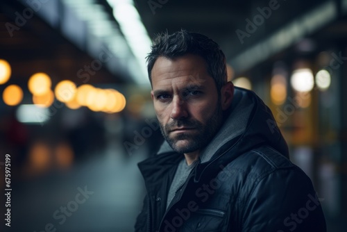 Portrait of a serious man in a black jacket in the city at night