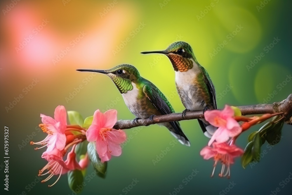 Naklejka premium Two hummingbird bird with pink flower green blurred background