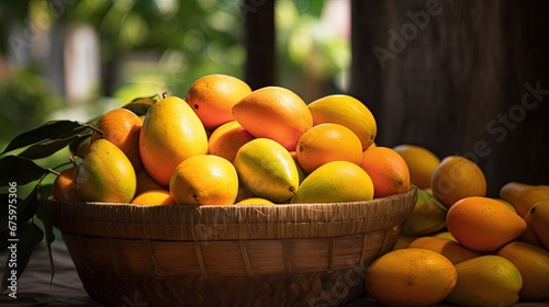 Close up of Mangoes in the basket. Indian ripe mangoes are being sold in the street of Delhi  India. summer season fruit.