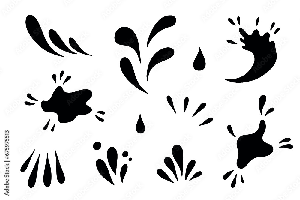 Water drops and splash silhouette in simple doodle style. Set different liquid shapes and silhouette.