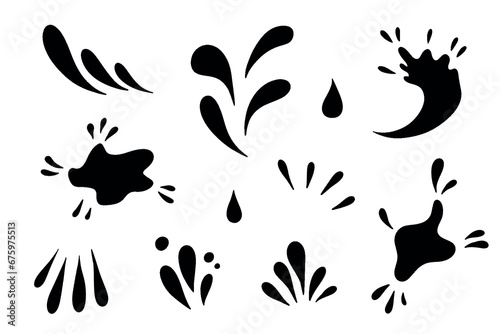Water drops and splash silhouette in simple doodle style. Set different liquid shapes and silhouette. photo