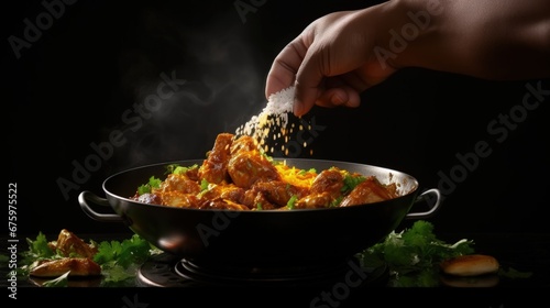 Close-up view of chef pours by ladle chicken curry from pan wok to white bowl. Backstage of serving traditional Indian curry with boiled rice on black background. Concept of cooking tasty hot meal.