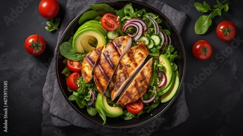 Grilled chicken meat and fresh vegetable salad of tomato, avocado, lettuce and spinach. Healthy and detox food concept. Ketogenic diet. Buddha bowl dish on white background, top view.