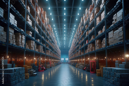 Empty Warehouse full of blank cardboard boxes stacked. 3d render illustration. Generative AI. photo