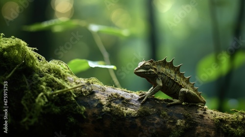 Brookesia superciliaris, brown leaf chameleon or Thiel's pygmy branch in forest habitat. Exotic beautiful endemic green reptile with long tail from Ranomafana NP, Madagascar. Wildlife scene from natur photo