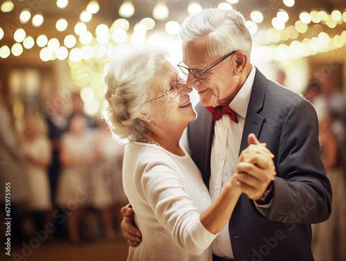 A couple of elderly retired people loving each other dancing to classical music.
