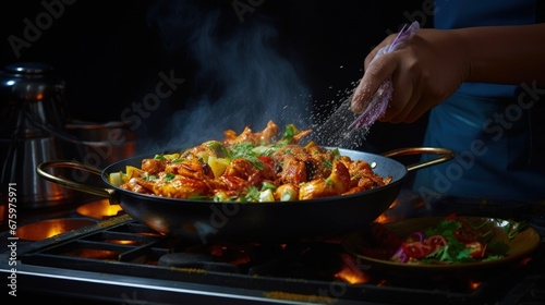 Professional chef pours chopped onion to pan wok. Backstage of cooking traditional Indian chicken curry on dark blue background. Concept of cooking tasty hot meal.