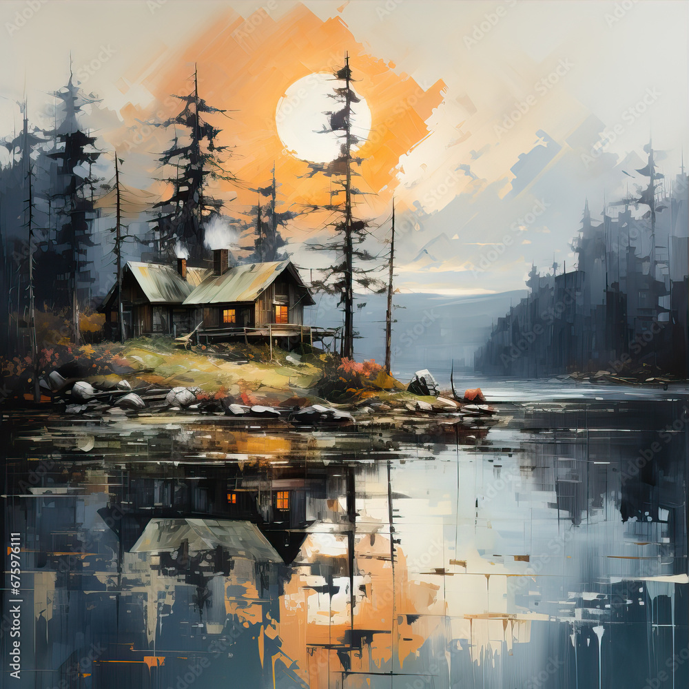 Oil painting. Small house on the lake
