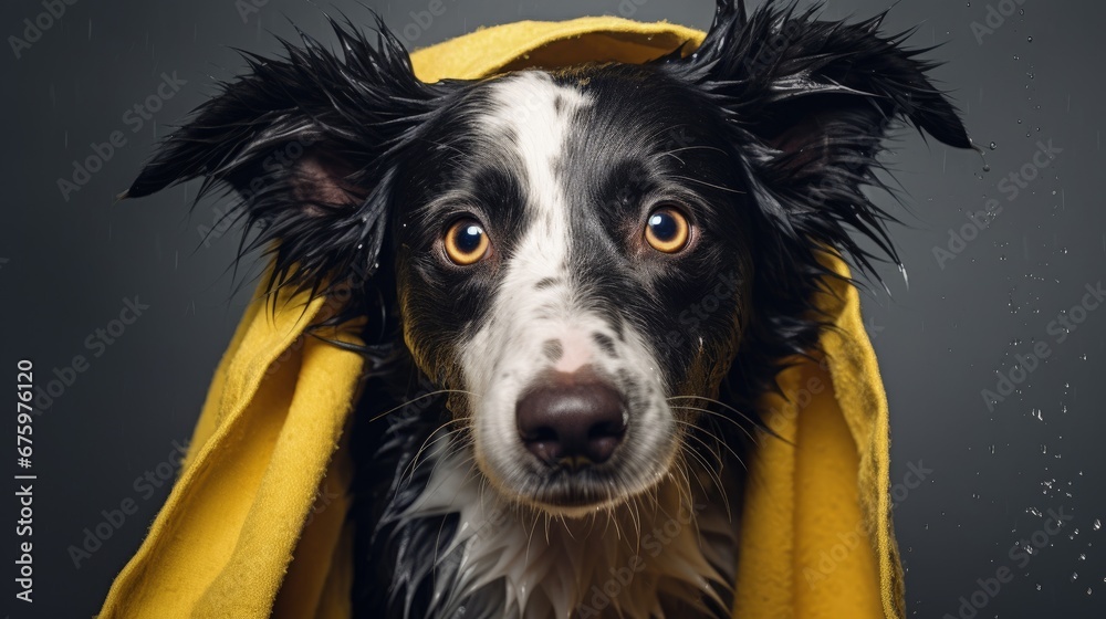 wet dog after shower. Border collie with yellow towel. Pet grooming wet dog after shower. Border collie with yellow towel. Pet grooming