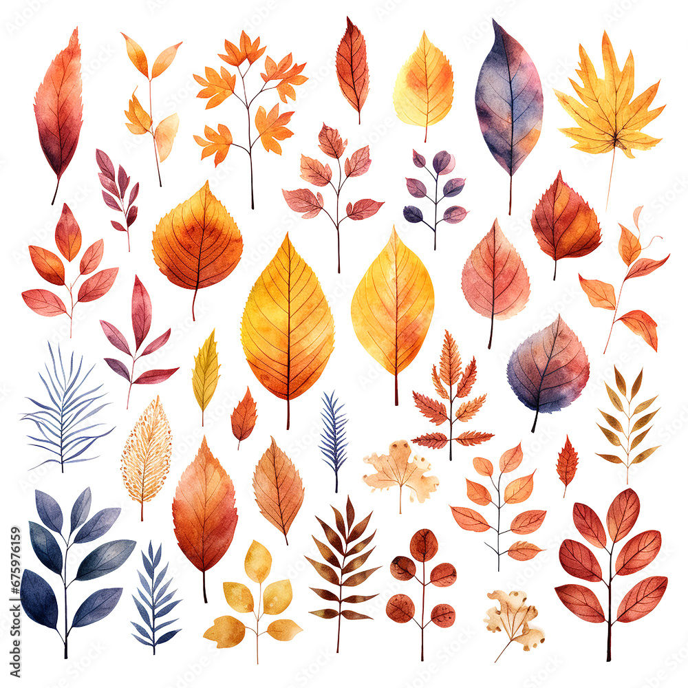 Fototapeta premium Pretty watercolour autumnal leaves. This is a png file with a transparent background.