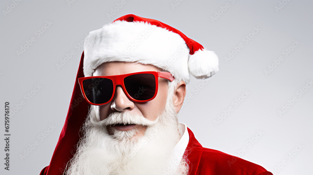 Close up portrait of cool hipster santa with shades, sunglasses Close up portrait of cool hipster santa with shades, sunglasses
