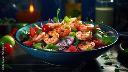Strawberry  shrimp and herbs healthy salad with arugula  avocado and onion  blue kitchen table. Fresh useful dish for healthy eating