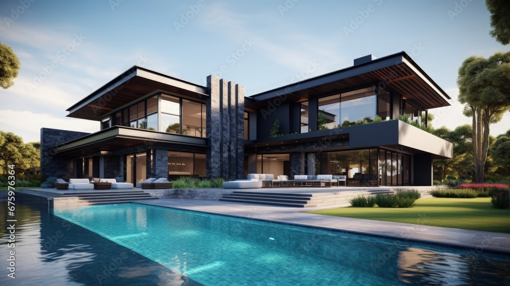 Modern Luxury House Minimalist Mansion Black Villa Large Architecture Home Exterior Building with Blue Sky and Black Stone Slab Garden with Pool 3d illustration render