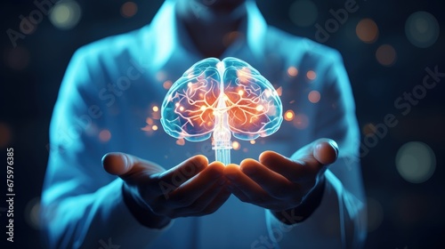 Future of Healthcare. Medical technology, Futuristic Ai icon medical AI technology Doctor holding virtual human brain and plus signs mental health idea creative intelligence thinking