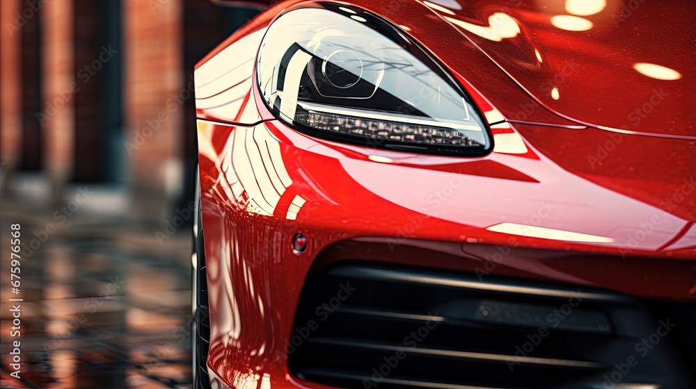 Close up of headlight detail of modern luxury sportscar with reflection on red paint after wash & wax. Front view of supercar with brick wall. Concept of car detailing and paint protection background. - obrazy, fototapety, plakaty 