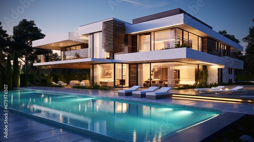 Realistic 3D rendering of a very modern upscale house with swimming pool © HN Works