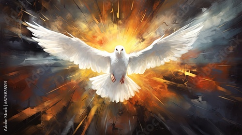 Conceptual graphic illustration of glowing Christian cross white doves, symbolizing Jesus Christ's sacrificial work of salvation. Digital artwork composed against abstract oil painted background. photo