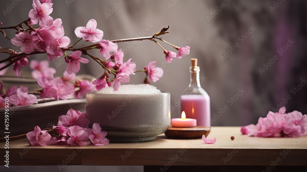 Beautiful spa composition with spring flowers on table close up Beautiful spa composition with spring flowers on table close up