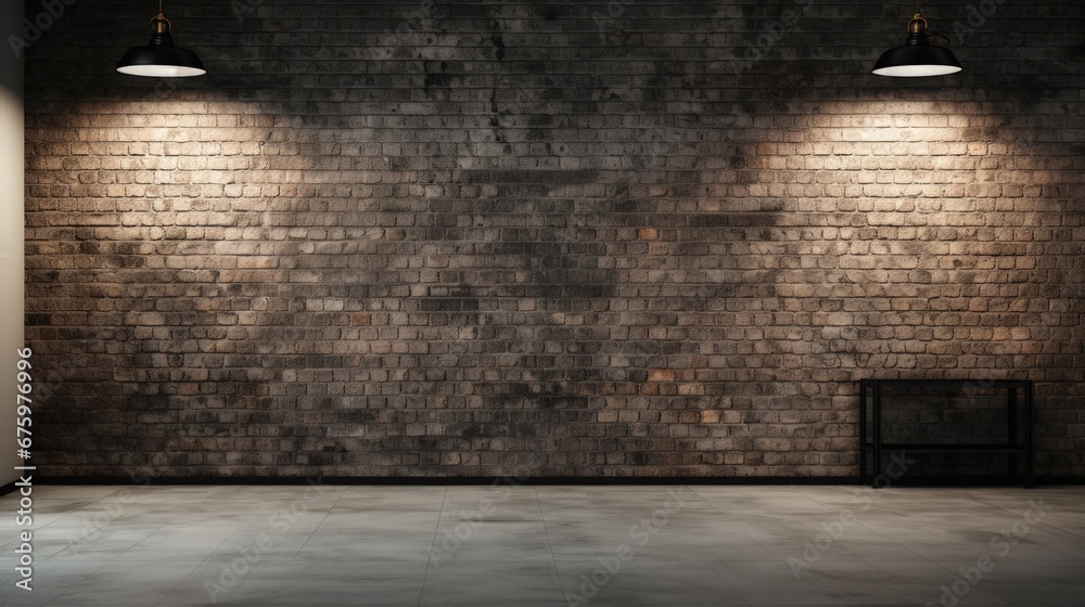 Empty photo studio interior with black background and brick wall. Mock up, 3D Rendering - obrazy, fototapety, plakaty 