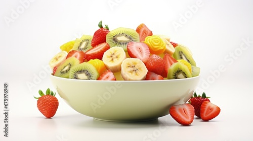 Fruit salad in pink bowl on white background. Banana, orange, kiwi, strawberry. Healthy eating