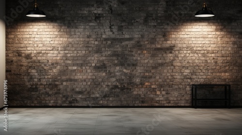Empty photo studio interior with black background and brick wall. Mock up, 3D Rendering photo